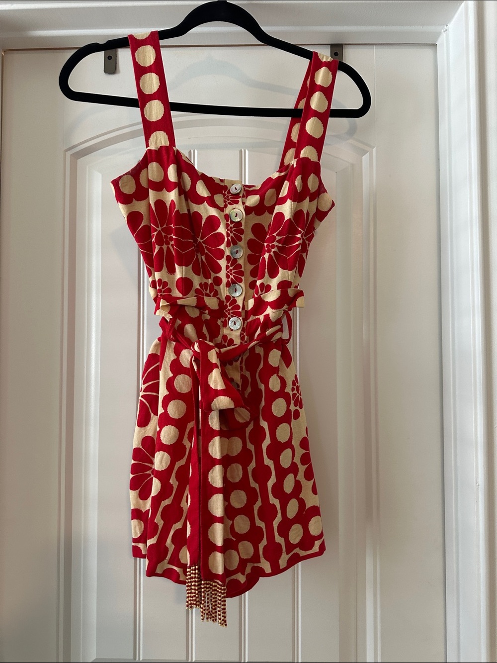 FARM Rio Red and Gold Floral Polka-Dot Romper with Tie Waist - Picture 4 of 7